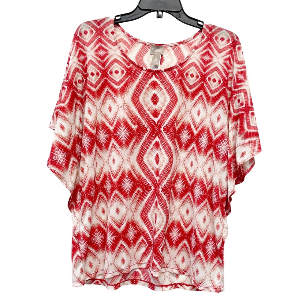 Chico's Women's Red White Geometric‎ Ikat Mesh Dolman Sleeve Top Size 3, XL